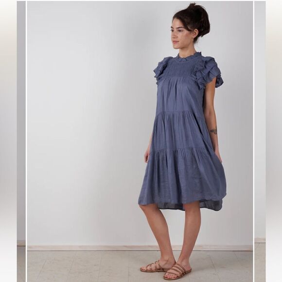 NWT Sea New York Eleanor Tiered Smocked Dress Slate Ruffle SM Boho Spring Linen - Picture 1 of 14